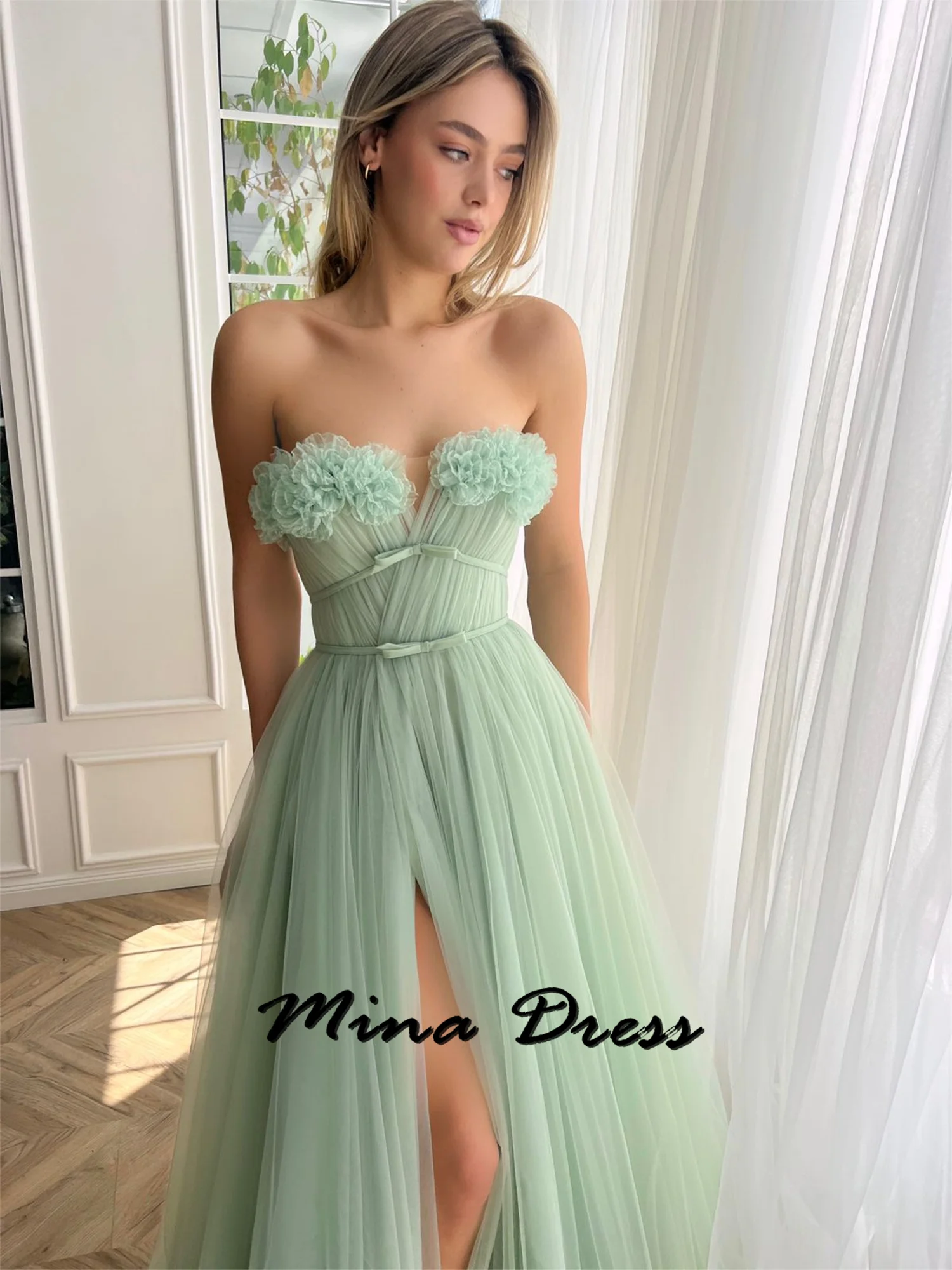 Mina Customized Elegant Evening Dress Woman Luxurious Gala Dresses 2024 Tube Top Off-the-shoulder Tulle A-shaped Side Slits Prom