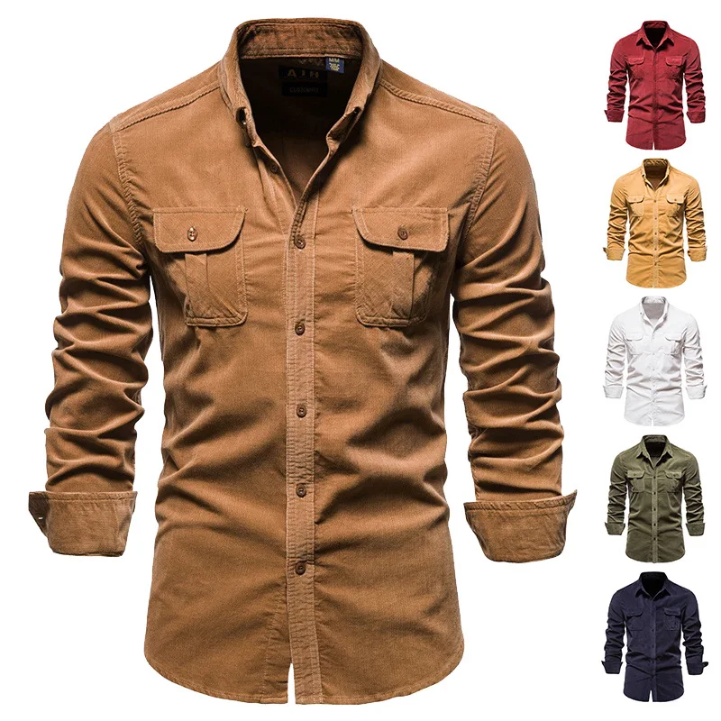 New Single Breasted Cotton Men's Shirt Business Casual Fashion Solid Color Corduroy Men Shirts Autumn Slim Shirt Men