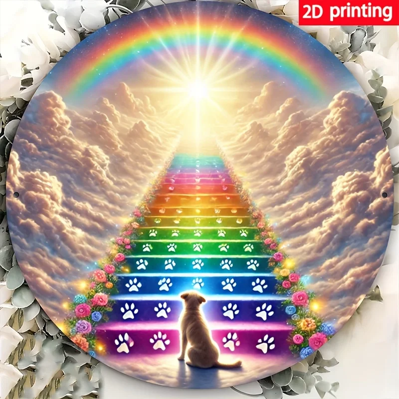 2D Plane, a Dog And a Rainbow Staircase Leading to The Sky Pattern, 7.87X7.87 Inches 20X20Cm, Suitable for Restaurants, Bars