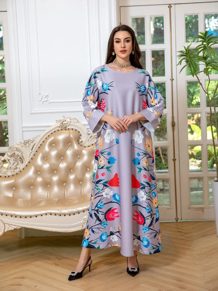 Women Eid Muslim Long Dresses Jalabiya Abaya Beading Morocco Party Dress Kaftan Ramadan Maxi Vestidos Dubai Abaya Print 2024