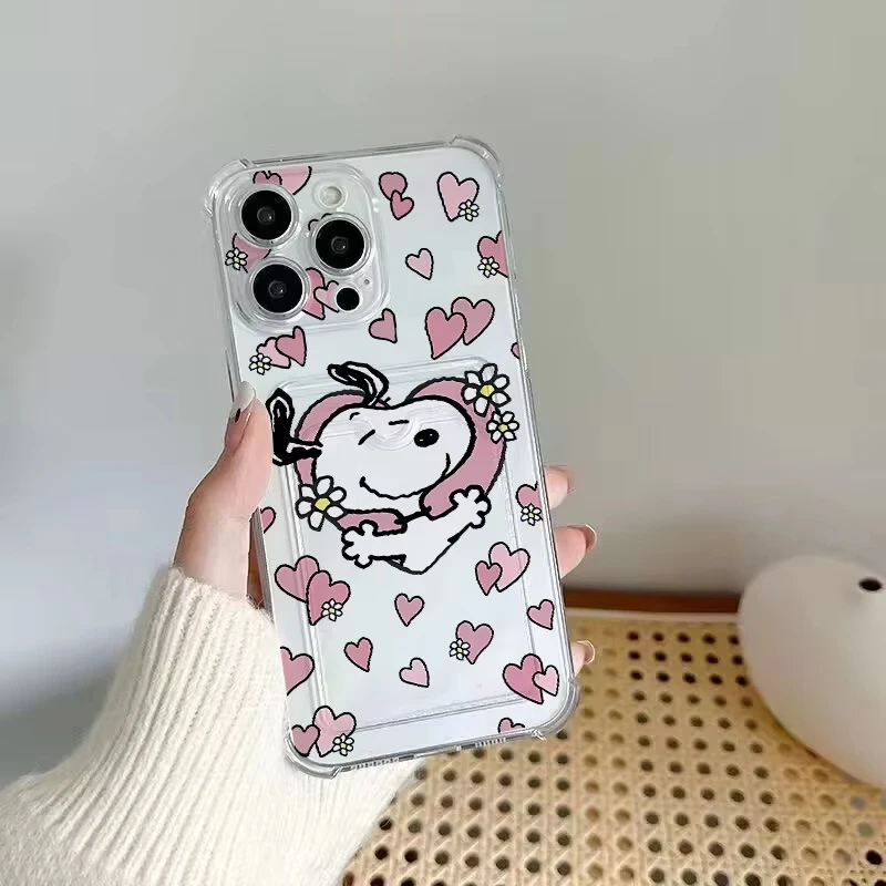 لطيف S-Snoopy شفافة فتحة للبطاقات حقيبة حامل الحال بالنسبة آيفون 17 16 E 15 14 زائد 13 12 Mini 11 Pro ماكس سيليكون مكافحة السقوط غطاء