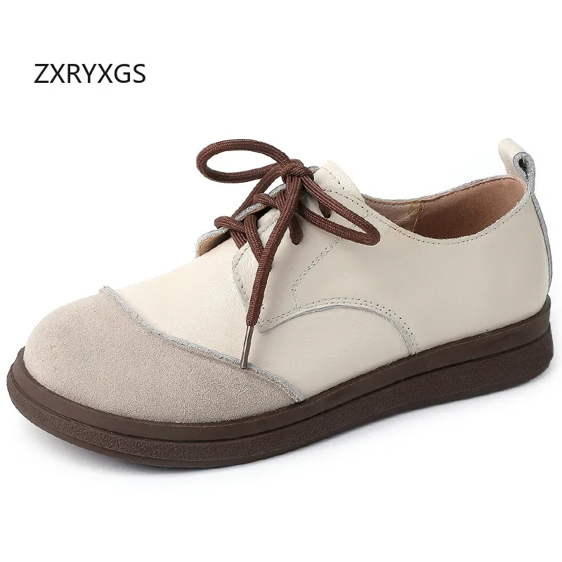 

ZXRYXGS Top Cowhde Splicing Spell Colors Women Leather Shoes Flat Large Szie 2024 British Retro Autumn Lace-up Casual Sneakers