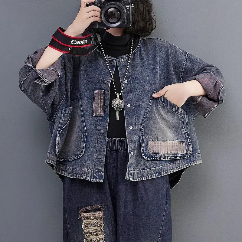 Spring Autumn Arts Style Women Long Sleeve Loose Single Breasted Cotton Denim Jackets Big Pocket Vintage Blue Short Coat C611