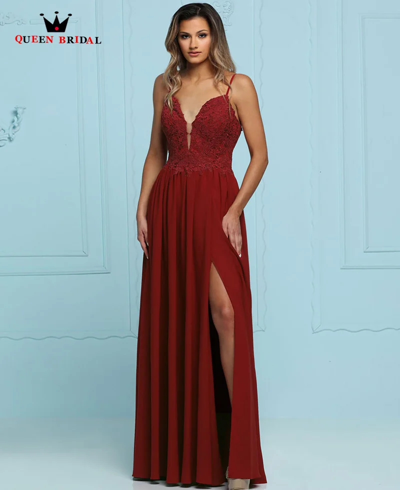 

Burgundy Chiffon Bridesmaid Dress Sexy A-LINE V-neck Side Split vestido de noiva Spaghetti Straps Appliques Custom Made SU40