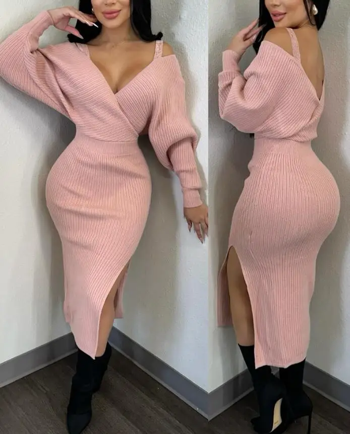

Womens Dresses 2025 Spring Autumn New Solid Color Plunge V-Neck Thick Strap Lace Long Sleeve Casual Backless Slim Fit Slit Dress