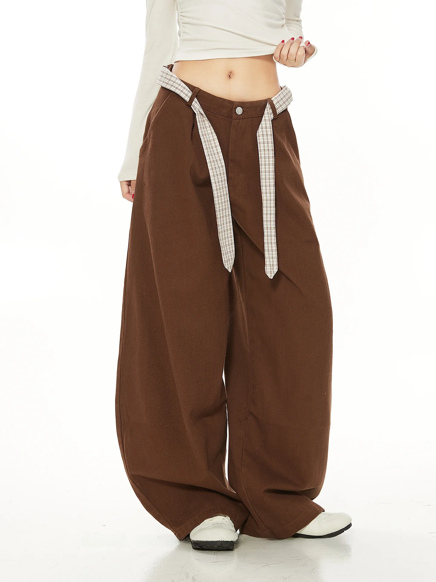 

Американские ретро-брюки в стиле High Street, свободные, широкие, рабочие, повседневные, универсальные, с поясом, женские, новинка 2026 года, улучшенная модель