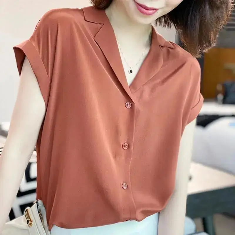 Summer Loose Thin Women\'s Clothing 2023 Solid Color Short Sleeve Button T-Shirts V-neck Office Lady Fashion Tops Temperament