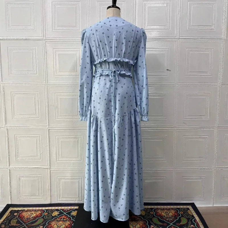 2025 Autumn New Style Fashionable Style Blue Striped Waistline Printed Long Dress