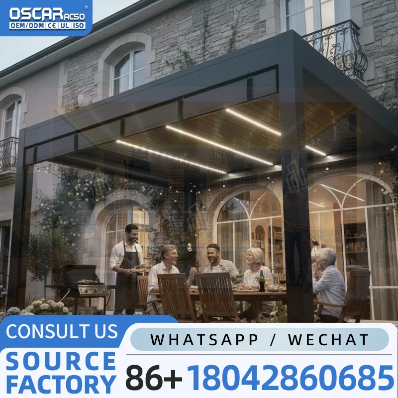 Pérgola de aluminio motorizada eléctrica plegable 8x8 impermeable y sostenible para jardín, patio trasero, piscina