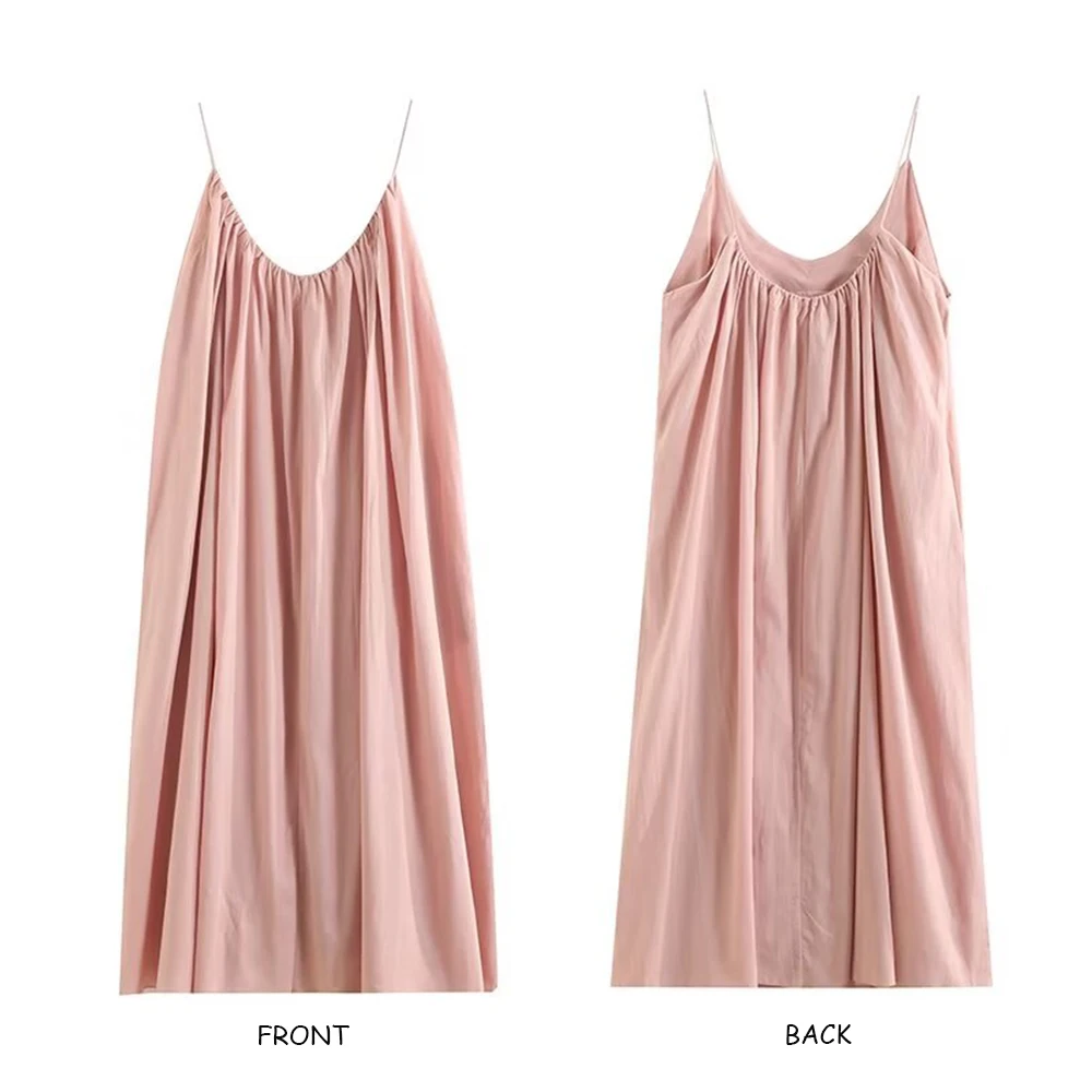 TRAF ZR French Vacation Pleated Maxi Dress with Fully Interior Cotton Lining Elegant Fabulous Pink Slip Dresses Side Pocket