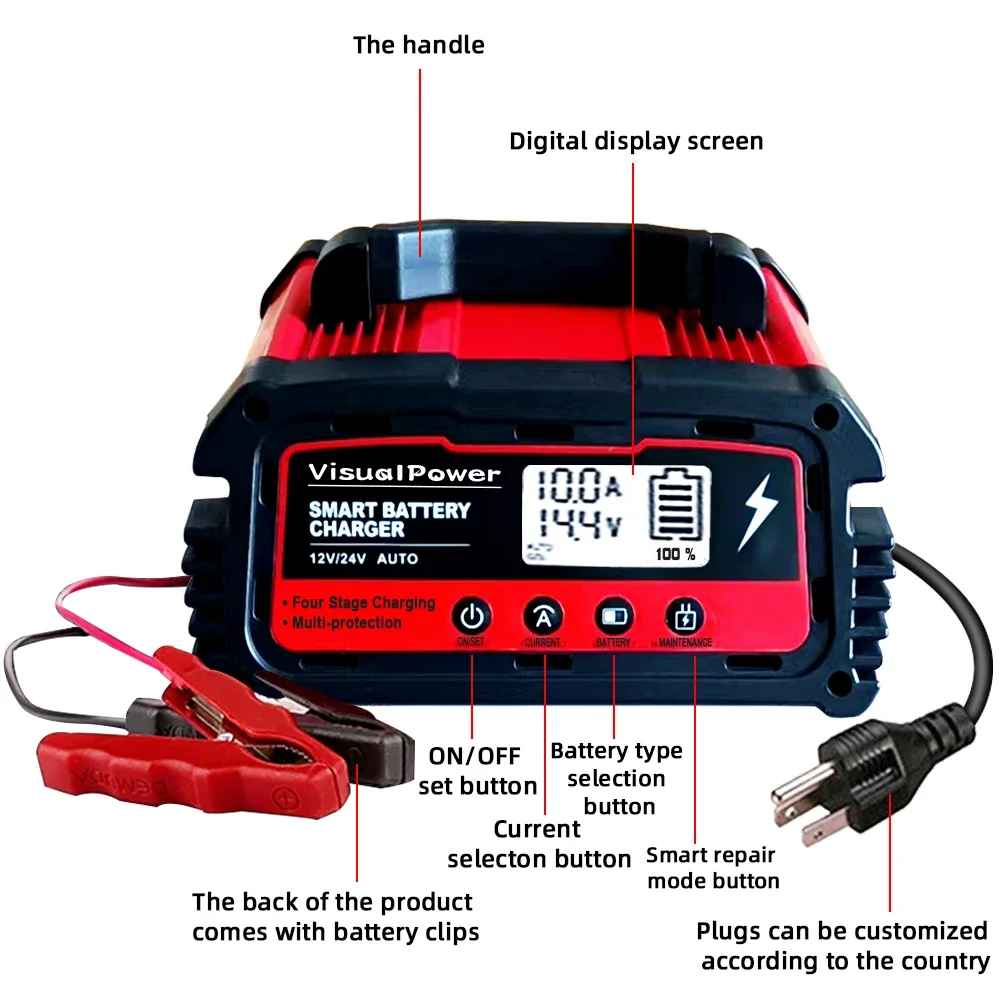 COSSIFTW Car Battery Charger 25A/10A/5A 12V 24V Lead Acid Battery Chargers Automobile 12/24 Volt Fully-Automatic motorcycle