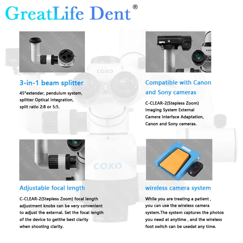 GreatLife Dent COXO C-CLEAR-2 Stepless Zoom Operating Microscopes 3.5x -20x With Digital Camera Fluorescence Mode 180°(100-240V)