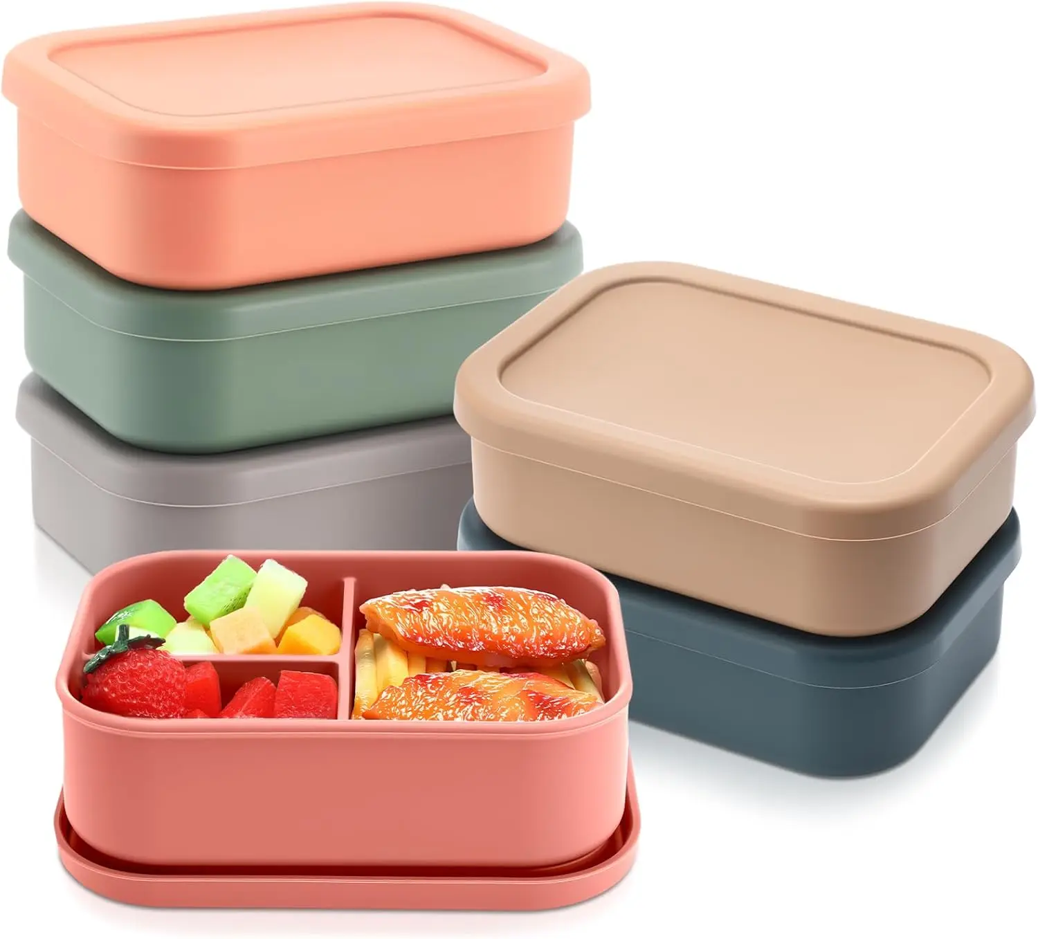 

6-Pack Silicone Bento Box with 3 Compartments, Microwave & Dishwasher Safe Reusable Lunch Container