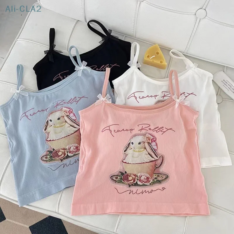 

Cute Sleeveless Tube Top Rabbit Print Graphic Vest Women's Summer Kawaii Top With Bra Sexy Tank Top Backless Crops Tops