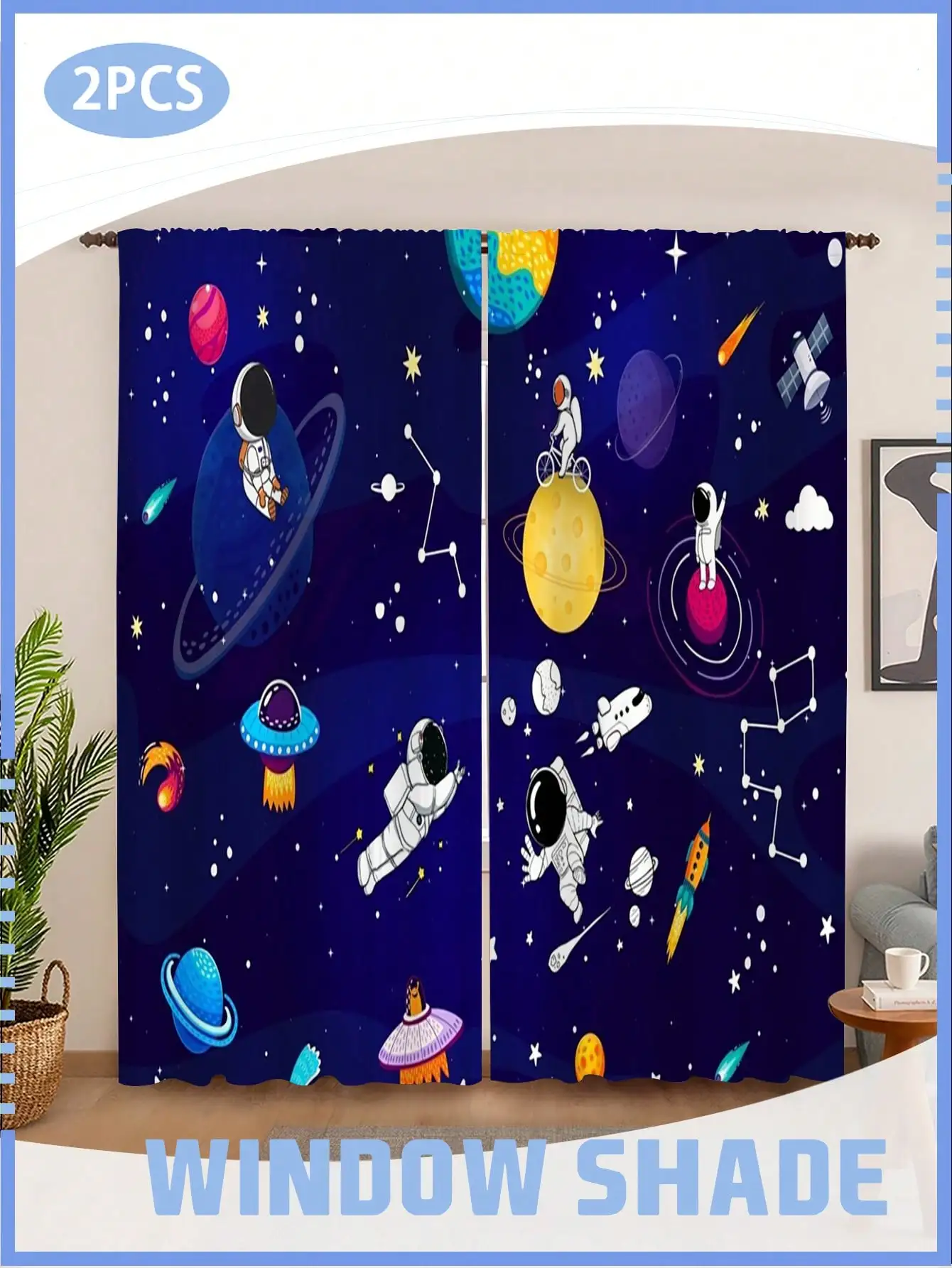 Space Curtain, Cartoon Astronaut and Planet Print Blackout Curtains, Galaxy Solar System Design, Kids Room Sci-Fi Decor 2 Panels