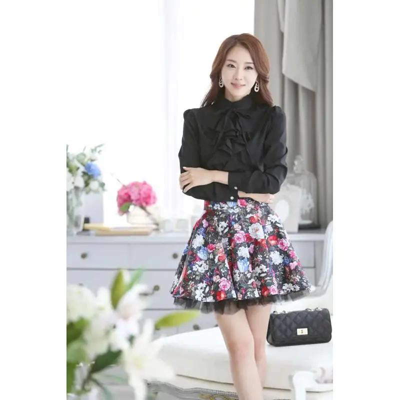 2025 مكتب الشيفون SXXL المرأة ربطة القوس فيونكة OL irt نفخة Svel مزيج القطن رقيقة الدفء المطبوعة الوقوف طوق سترة مفتوحة