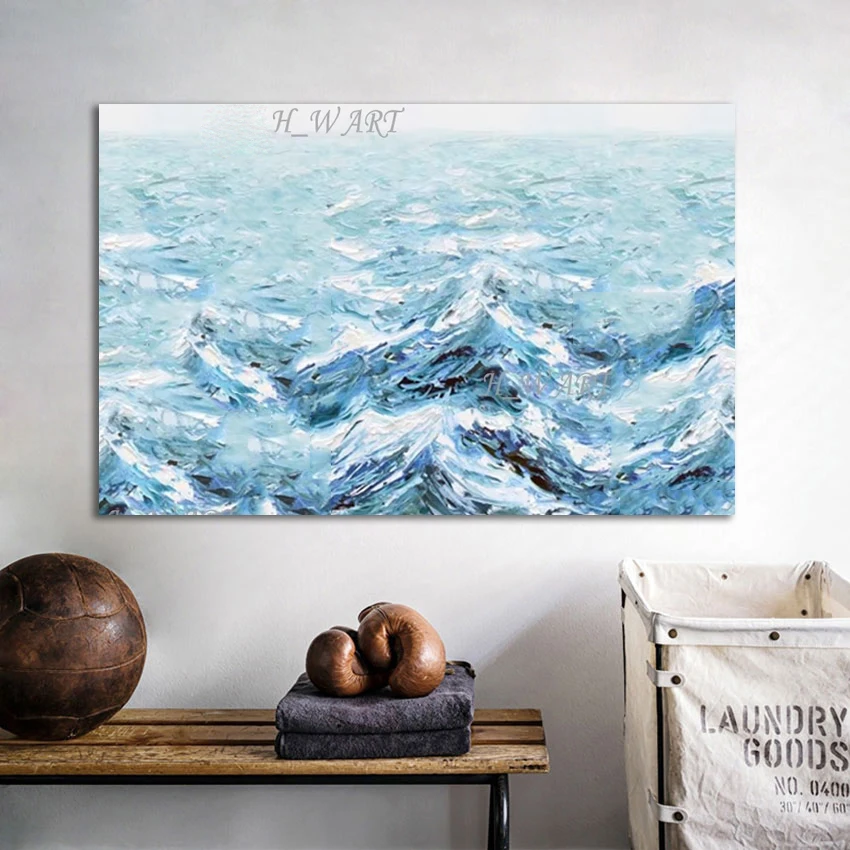 

Картины маслом с морской волной, безрамные, абстрактная картина с природным пейзажем, сине-белая акриловая текстурированная художественная стена, произведения искусства на холсте