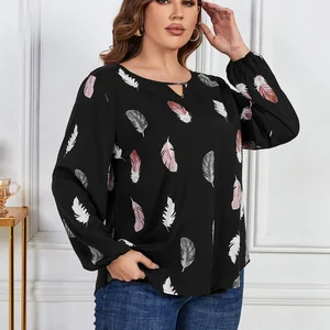 Weibliche Blusen plus Größe Pluma -Drucktife v Hals T -Shirts Blusen um Hals t schwarze schwarze Ärmel Frühlingskleidung 10 Hauptverkäufe Black Plus Size Bluse - №7