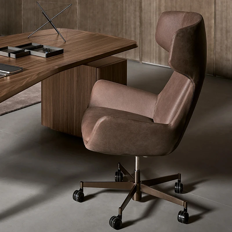 High-quality Furniture Custom Factory OEM/ODM Brown Leather Armchair Office Chair with Pulleys 360° Swivelling