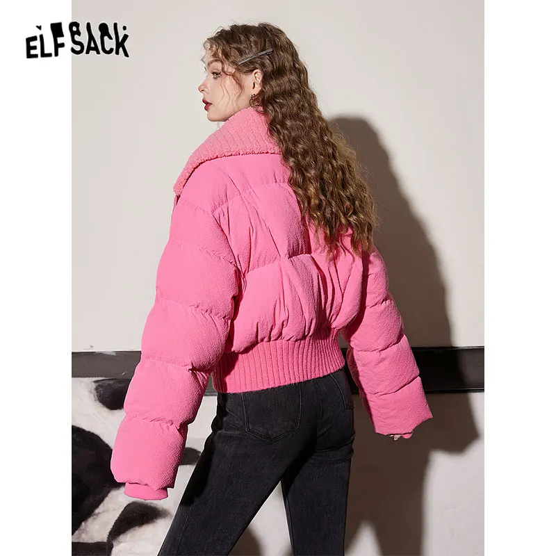 ELFSACK Pink Lapel Warm Down Coats Women 2023 Winter Loose Short Casual Outwears