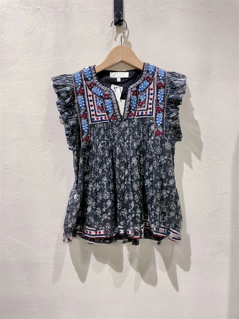 

Sweet Cute Comfortable Summer 2024 Women's Shirt Country Print Fly Sleeve Top Age-Defying Fashion Casual Blouse