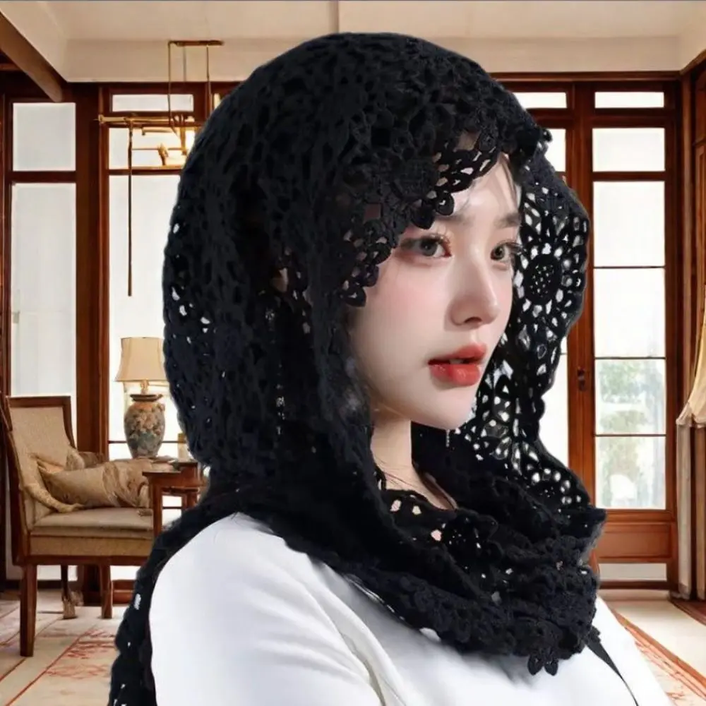 

Elegant Flower Hollow Out Crochet Shawl White Thin Lace Scarf Korean Style Wraps Hooded Scarves Women