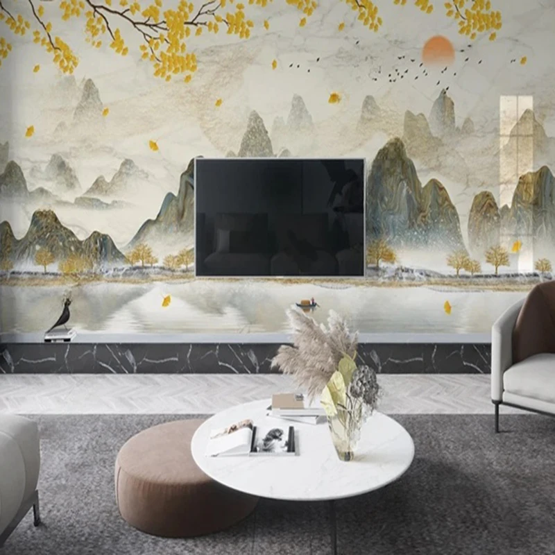 New Chinese Style Custom Mural Home Decor Wallpaper Hand-painted Leaves Flowers Birds Landscape Ink Marble Background Painting