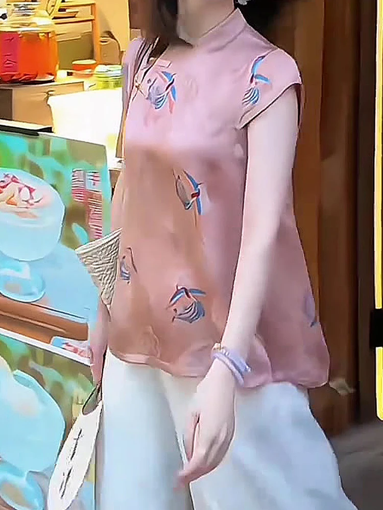 Gilet Ne rotondo con bella stampa estiva Nuova tendenza nazionale cinese Sle 2025 Pendolare in cotone poliestere vestibilità ampia