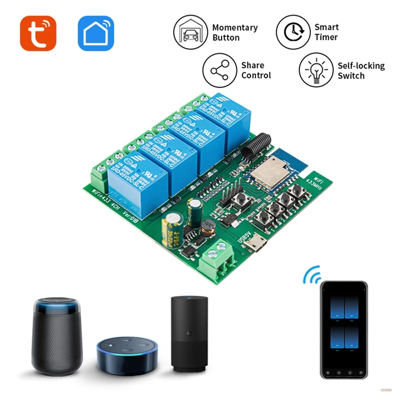 투야 와이파이 스위치, IFTT 알렉사 구글 홈 자동화 모듈, 4CH, 85-265V, 5V, 2.4G