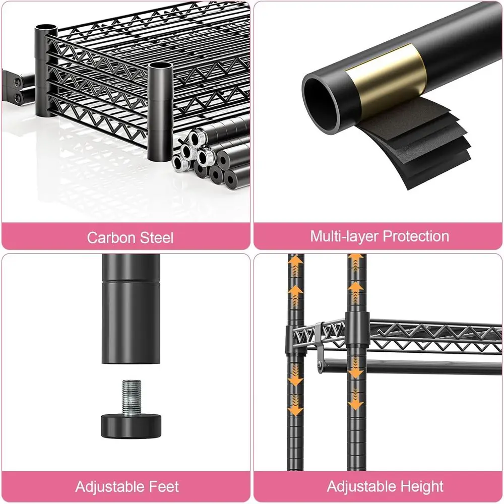 Adjustable 3-Tier Rolling Clothes Rack with 2 Rods, Side Hooks, and Wheels - Black