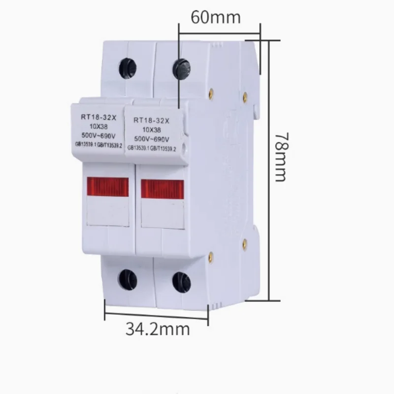 RT18-32 AC 380V 32A Double Poles 2P 10x38mm Cylindrical Fuse Holder with LED