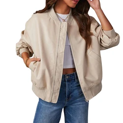 Douhoow Women Pu Leather Jacket Fashion Oversized Bomber Jacket Windproof Long Sleeve Zipper Closure Cool Outwear with Pockets