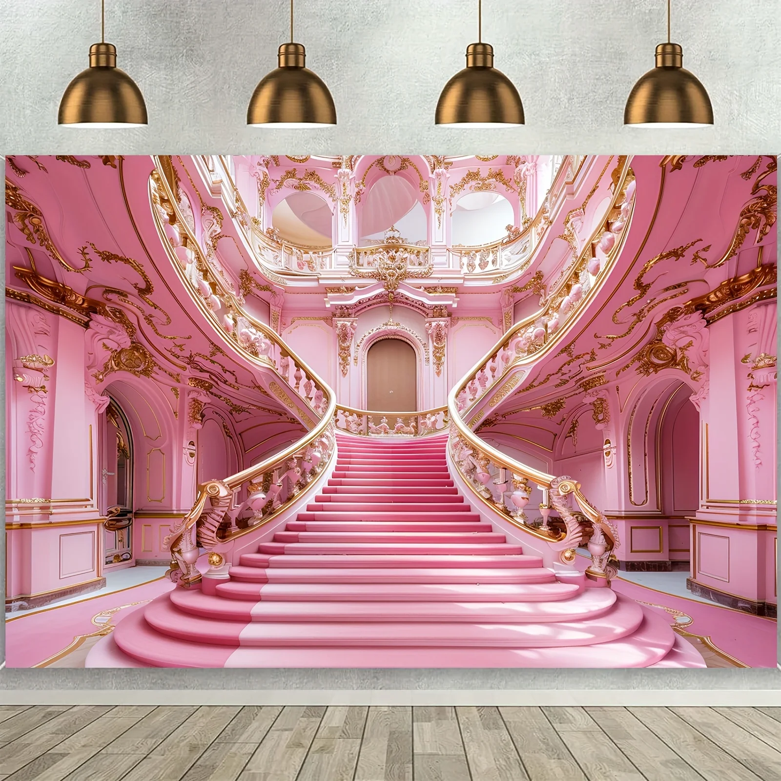 Multi-functional pink Castle Staircase photo backdrop - ideal for birthdays, weddings, bridal showers and parties