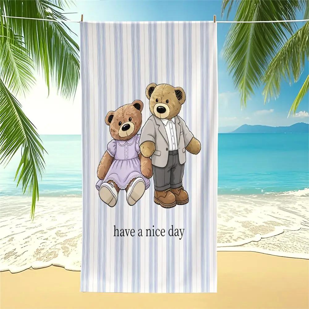 Cute Teddy Bear Couple Print Beach Towel Bath Towel Digital Printed Soft Absorbent Quick Dry Blanket For Pool Travel Spa Gym