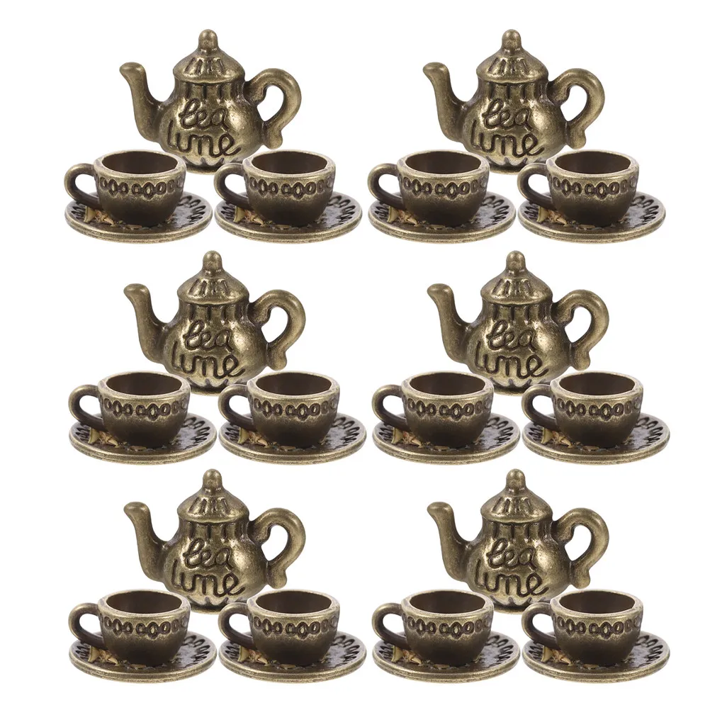 6Sets Miniature Tea Set Vintage Metal Dollhouse Kitchen Accessories for Coffee Shop Role Play and Pretend Play Scenarios - view 3