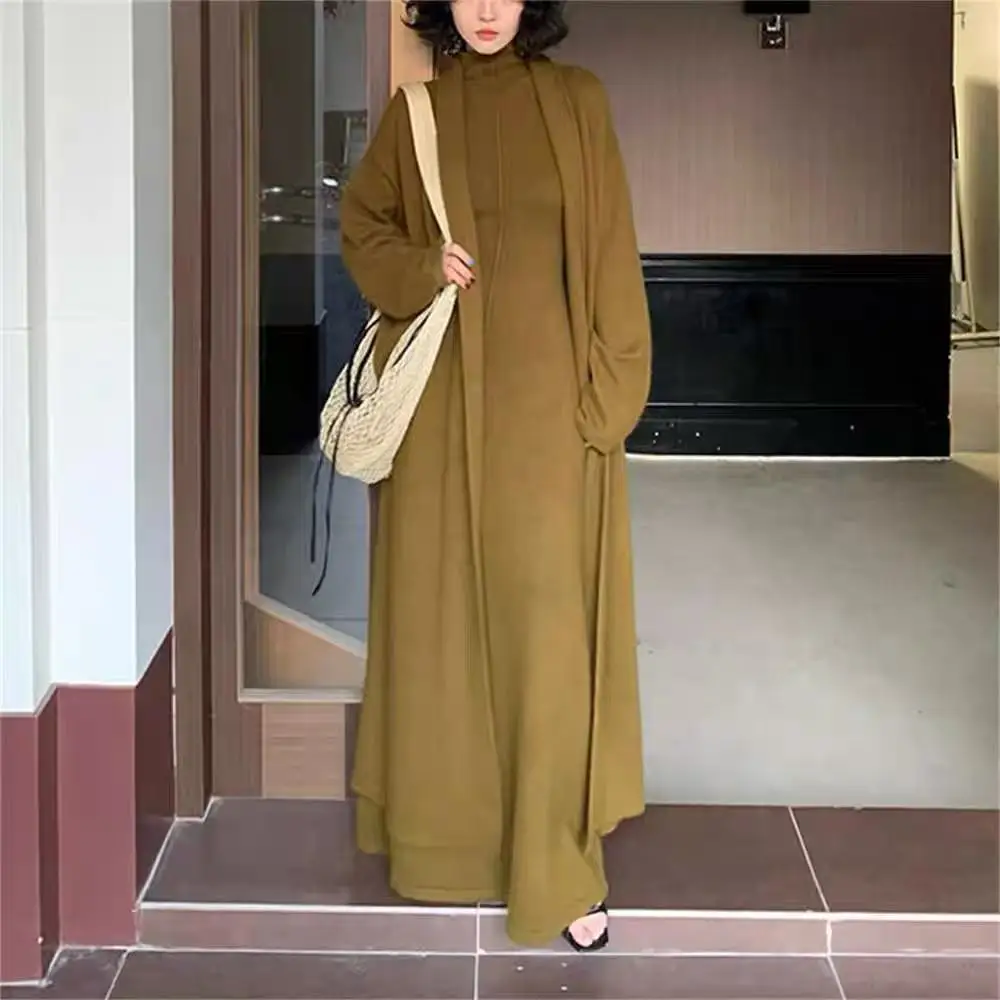Patchwork Cardigan For Women Long Coat And High Neck Dress Set Long Sleeve Two Piece Loose Fit Casual Autumn Winter view 5