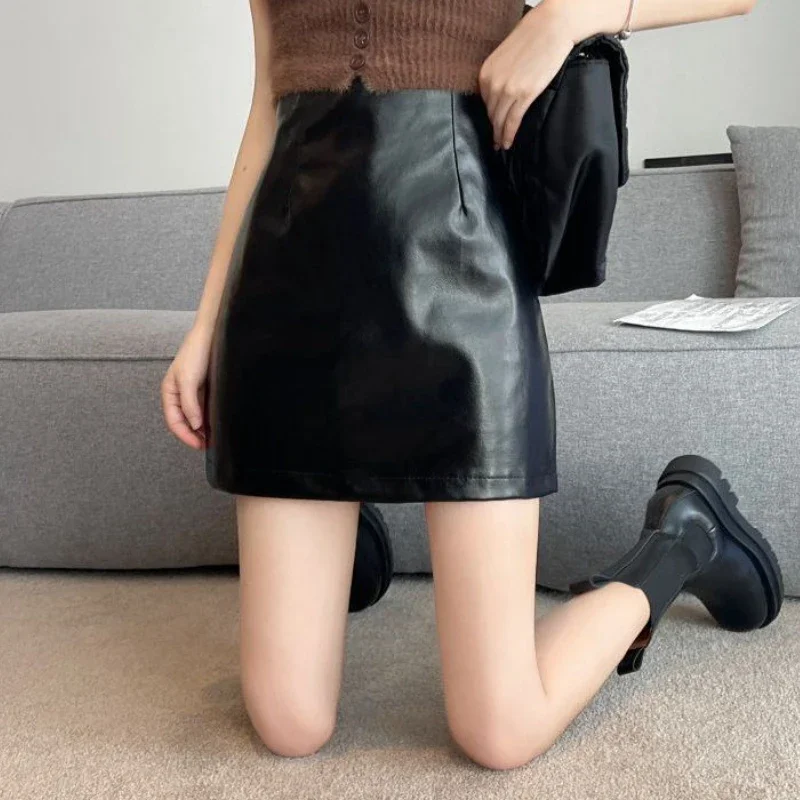 Minifaldas de PU para mujer, temperamento elegante, imperio de verano, moda básica, informal, estética suave, Ulzzang, combina con todo, Vintage