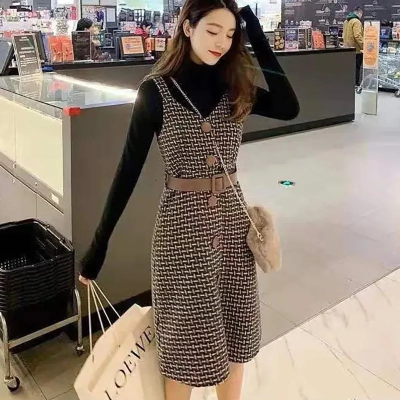 Autumn Winter V-neck Sleeveless Woolen Check Dress+half High Collar Sweater 2 Piece Sets Womens 2023 Streetwear Womens Clothing