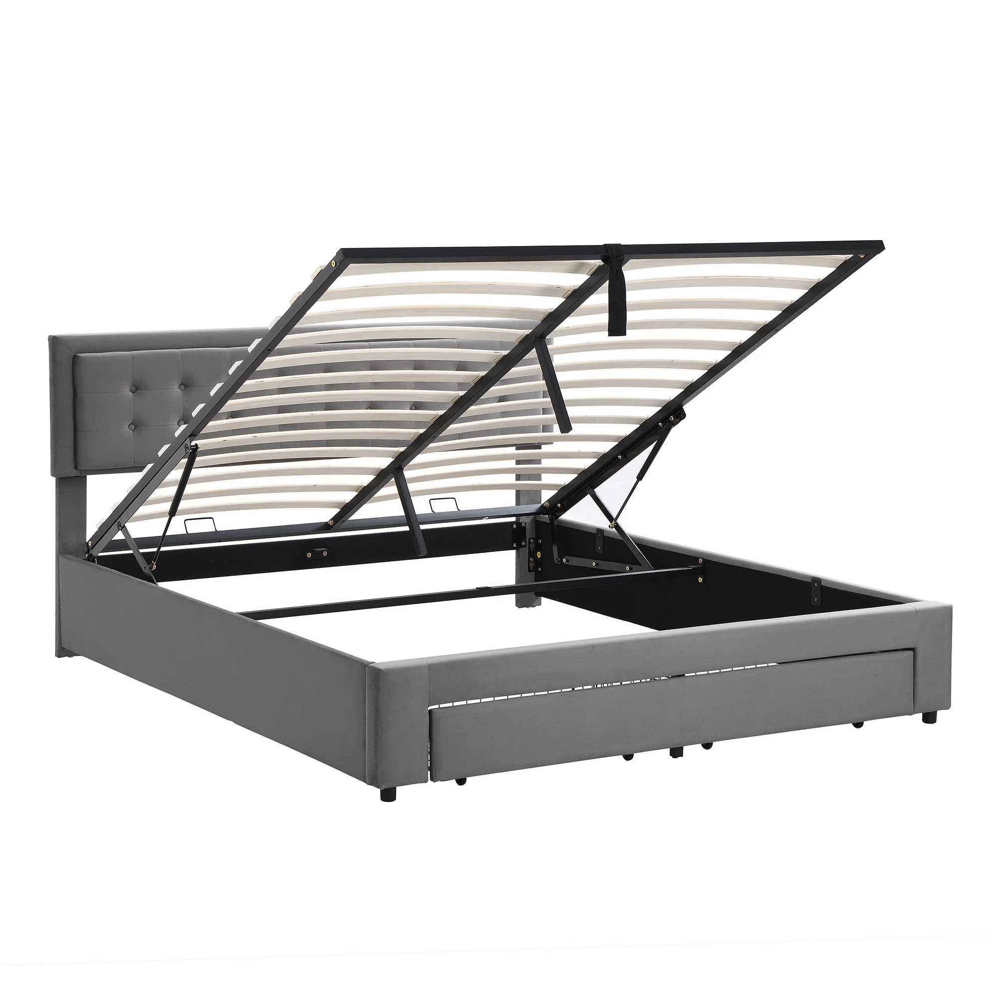 Lit coffre 180x200 cm hydraulique avec 2 tiroirs et sommier à lattes, velours gris, sans matelas