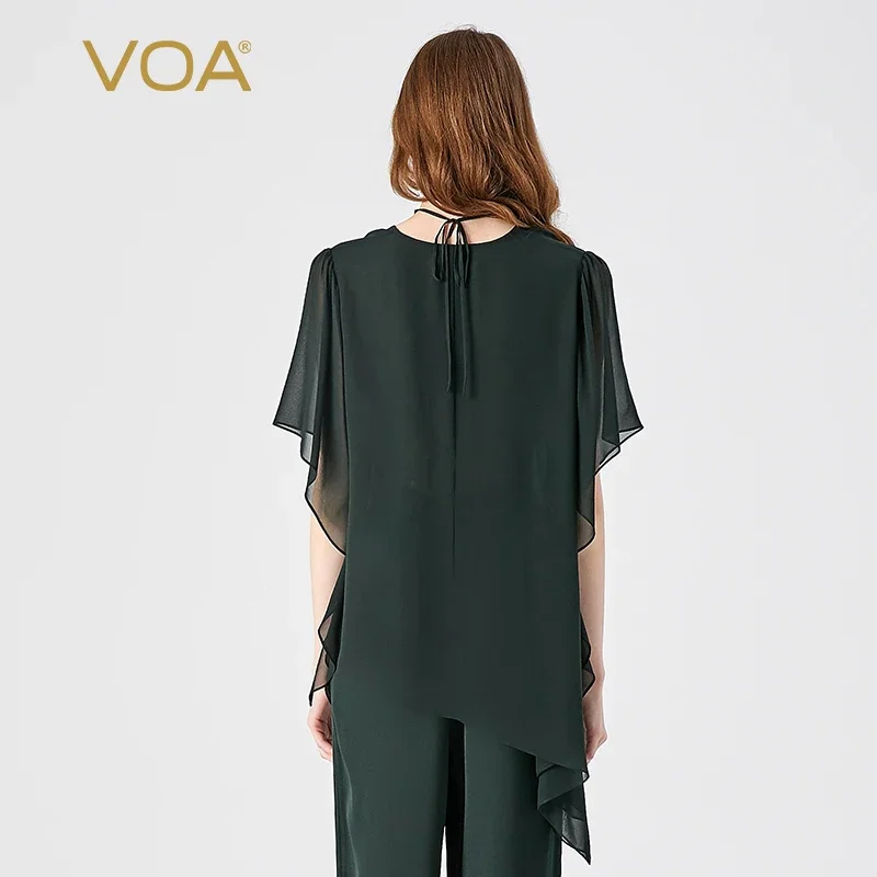 (Fans Exclusive Discount) VOA Silk Georgette V-neck Half Sleeve Tops Wood Ear Band Decoration Asymmetric Straight T-shirt BE1380