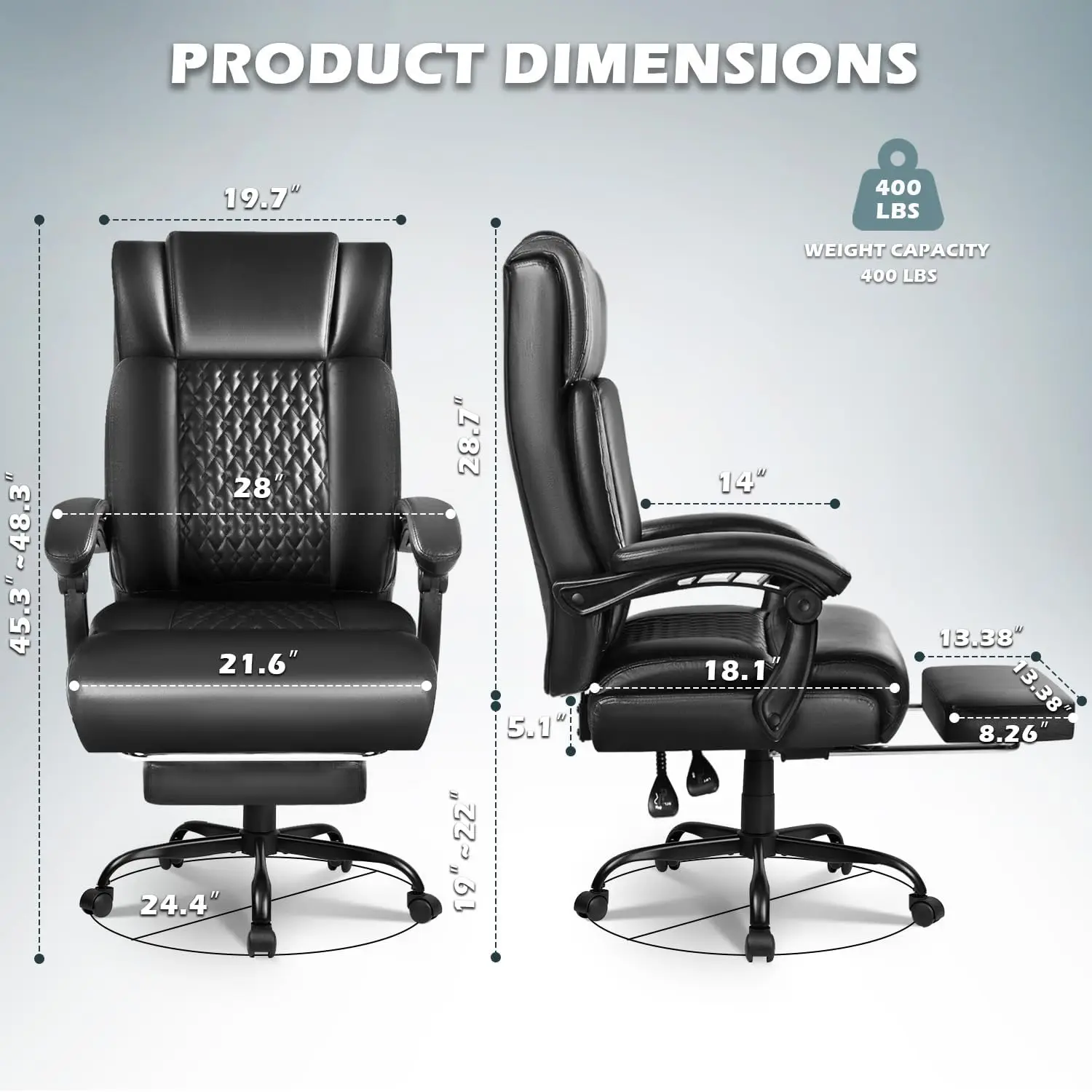 كرسي مكتب تنفيذي كبير وطويل مع مسند للقدمين، 400 رطل، كرسي جلدي مريح باللون الأسود