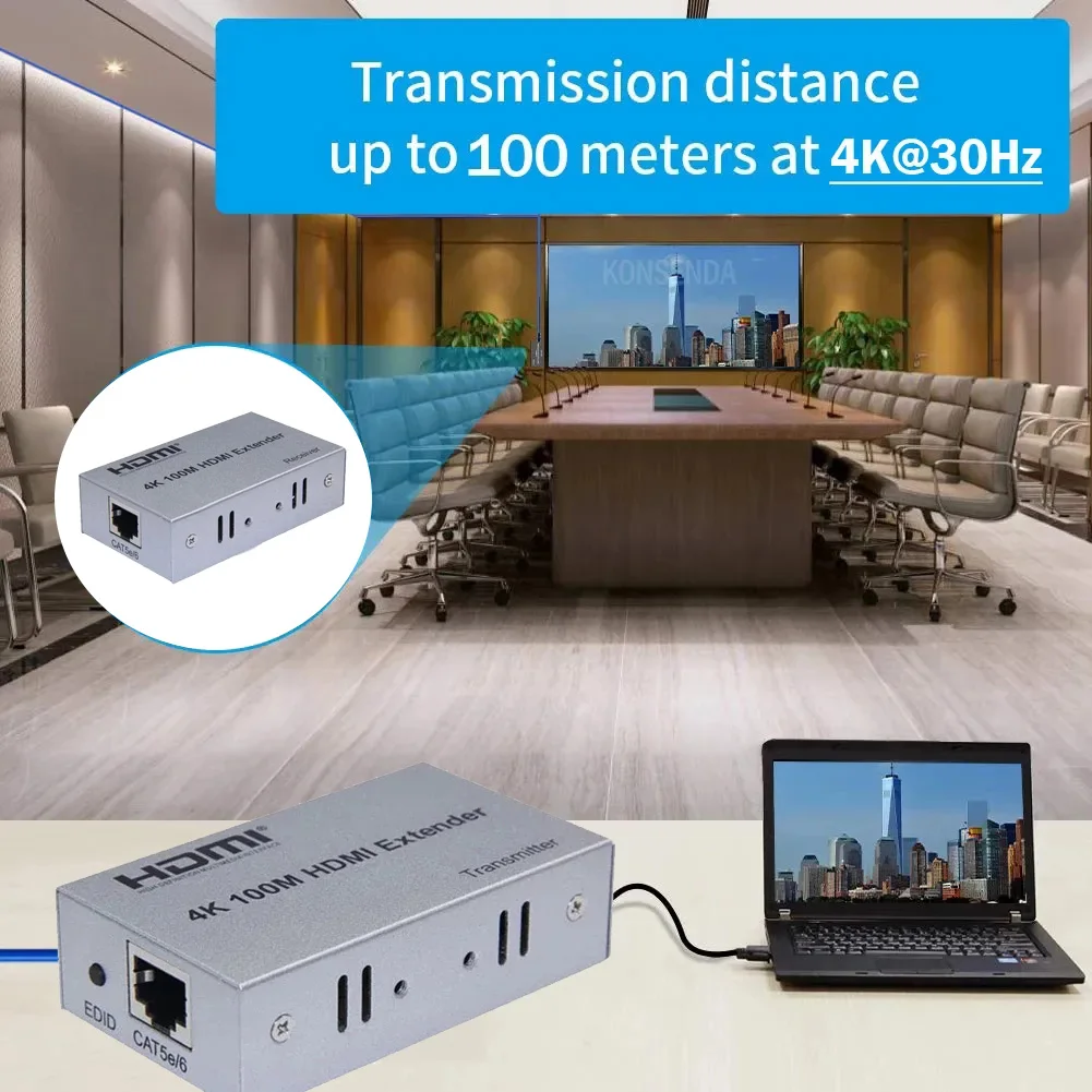 4K 100M HDMI Extender over Cat6/7 Ethernet Cable 4K 30Hz HDMI Extender Video Extension Transmitter Receiver for PS4 Laptop PC TV