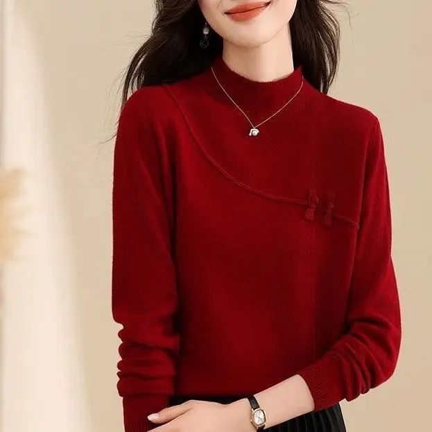 

Knitted Sweater Base Shirt Chinese Style Women's Red Autumn