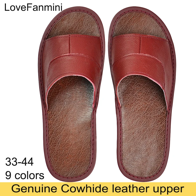 Genuine Cow Leather Slippers Homes in indoor slipper summer men women elderly non-slip cool sandals casual single Slides shoes