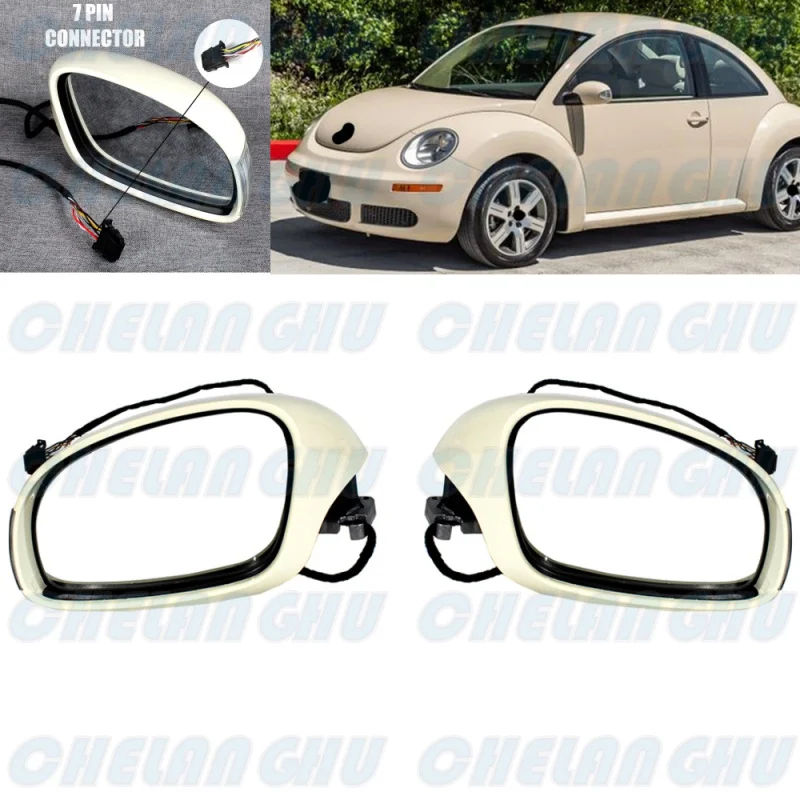 For VW Beetle 2006 2007 2008 2009 1 Pair 7 Pins Cream Beige Painted Heated Power Adjust Reversing Mirror Assembly