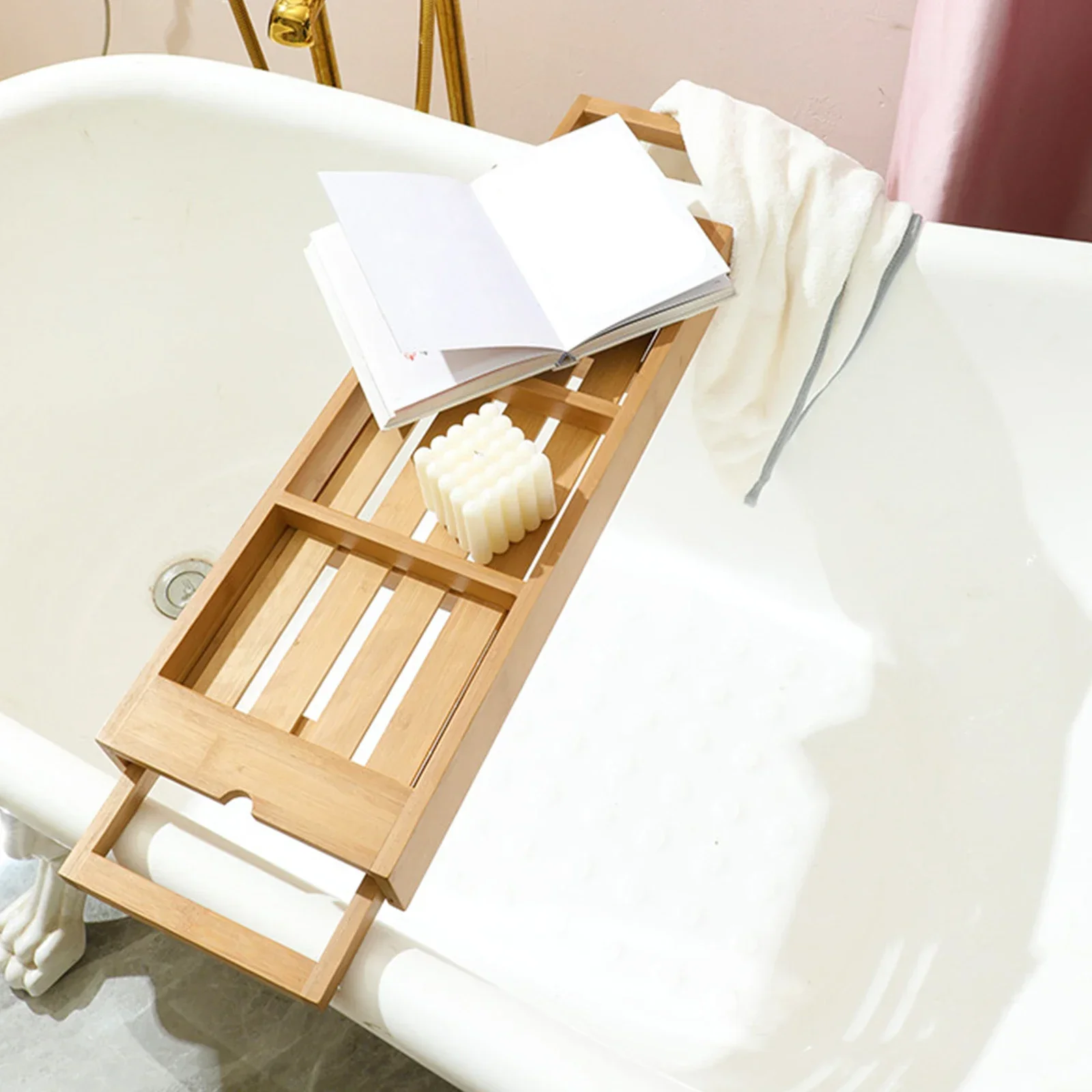 Expandable Luxury Wooden Bathtub Caddy Tray Bathtub Accessories 23.62\'\'-34.25\'\' Soap Dish Non Slip Tablet Holder Storage Holder