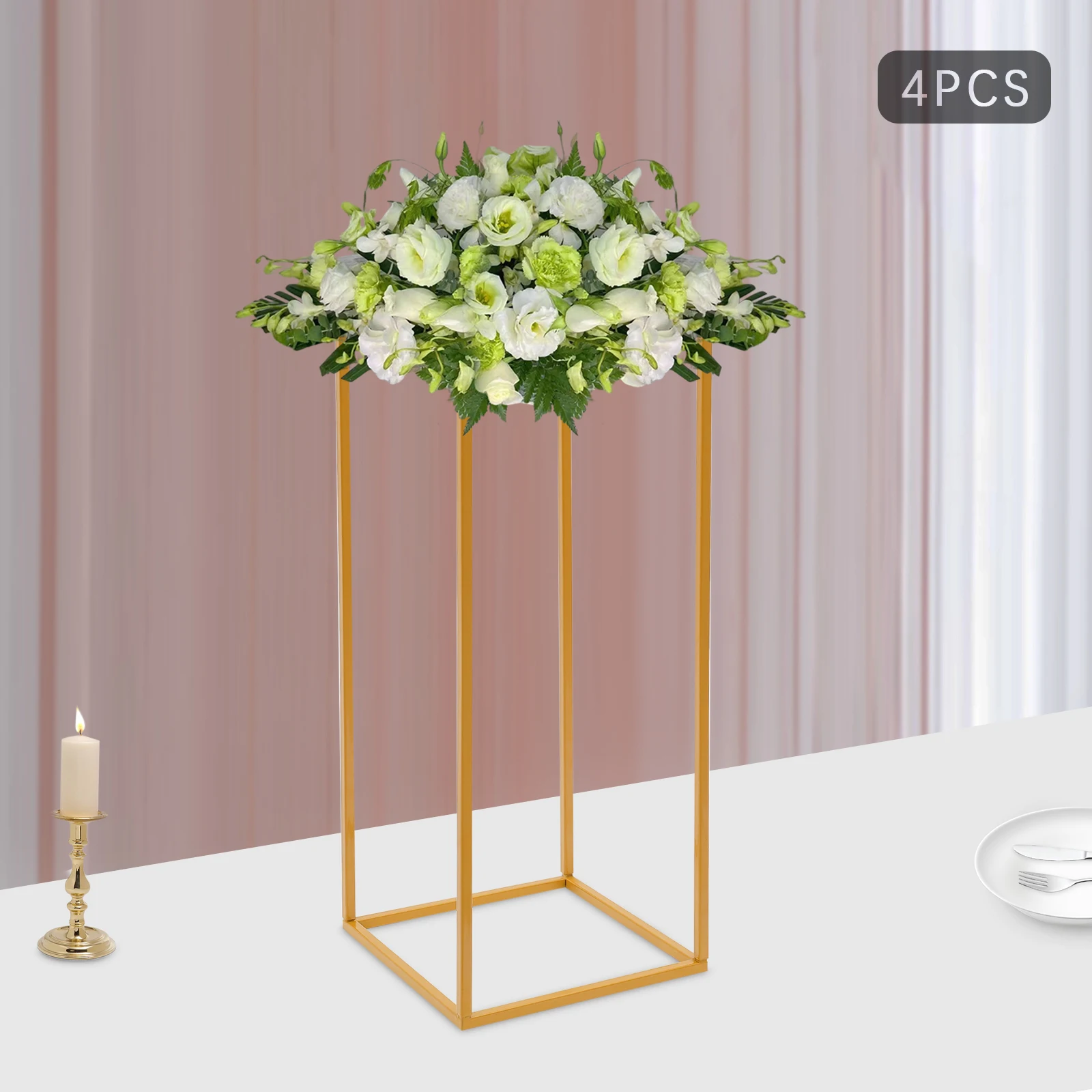 4 Pcs Gold Metal Flower Stand Column Vases Wedding Rectangular Geometric Rack Free Standing For Party Wedding Centerpiece Column Holder Rack Decor