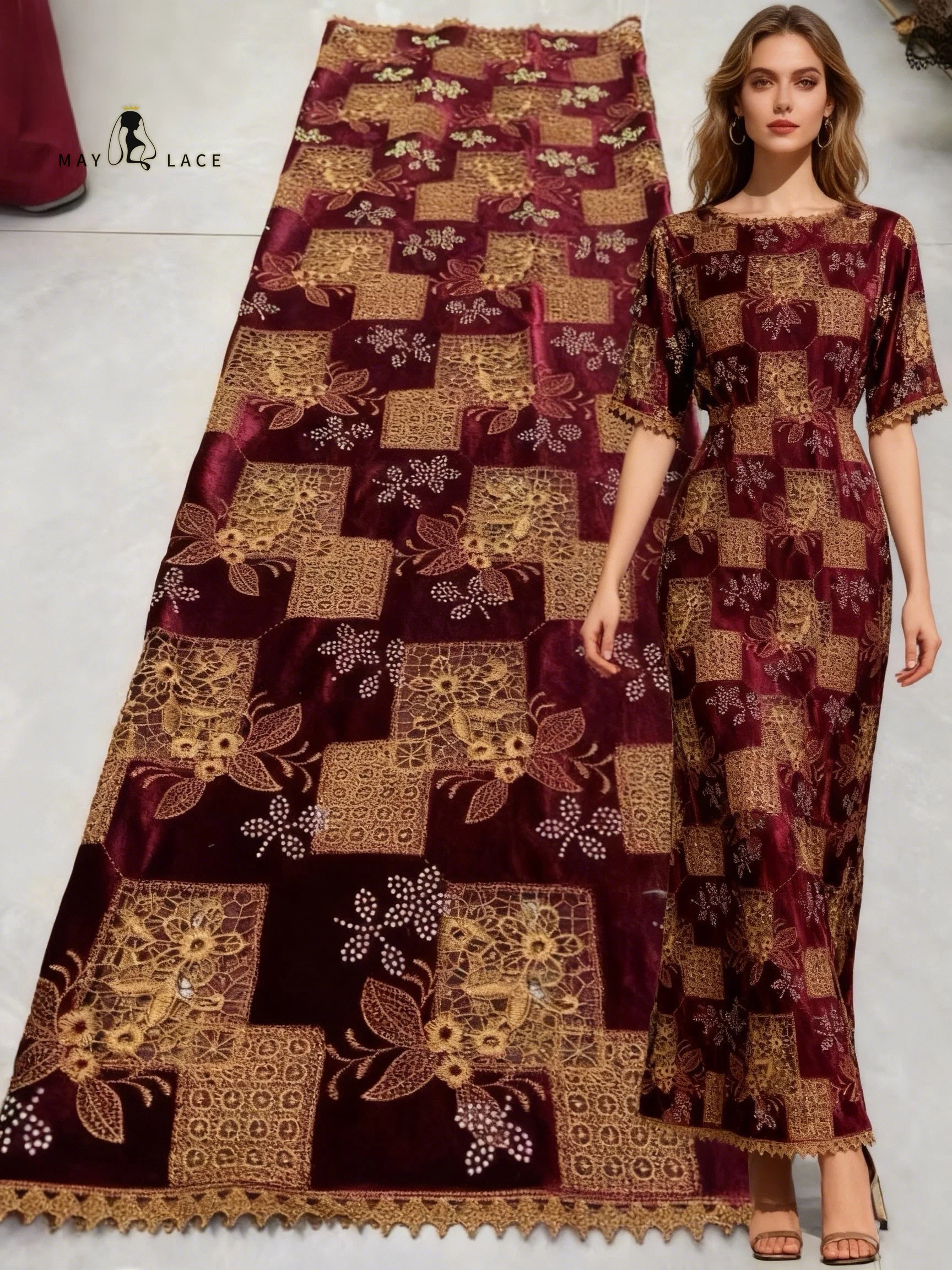 

New Arrival African velvet Lace Fabrics 2026 High Quality Nigerian Embroidery Stones Lace Fabric For Wedding Velvet Lace Fabrics