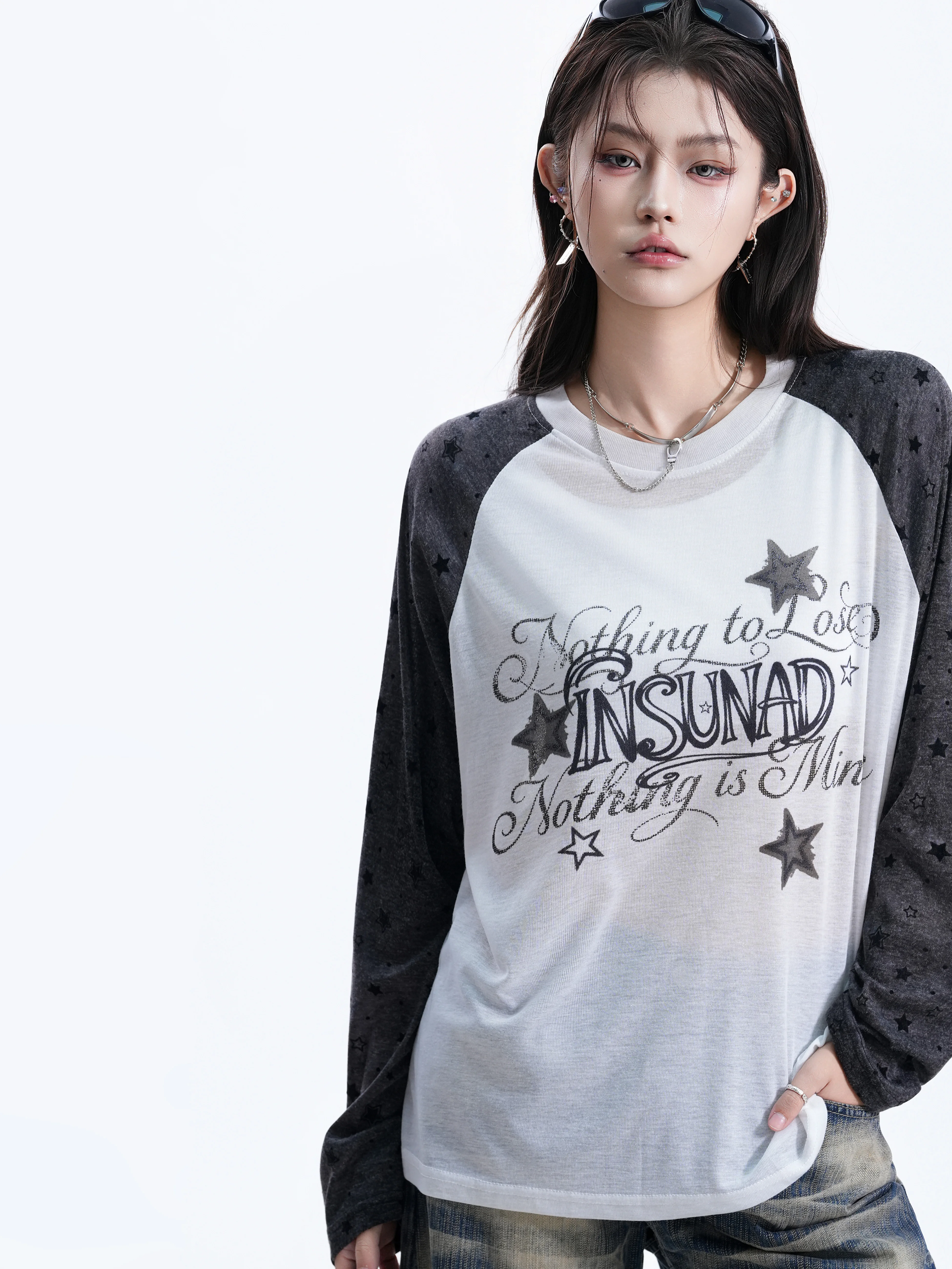 Retro American Star Letter Print Transparent Long Sleeve Women's Lazy Neutral Style T-shirt UV Protection Cover up Casual Loo...