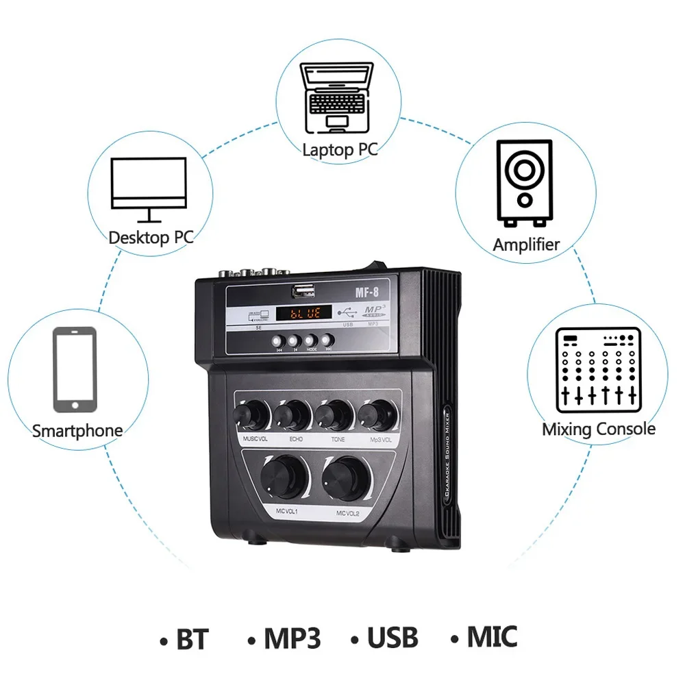 미니 가라오케 사운드 오디오 믹서 스테레오 에코 믹서 듀얼 마이크 입력 지원 BT 녹음 MP3 TV PC 스마트 폰 앰프